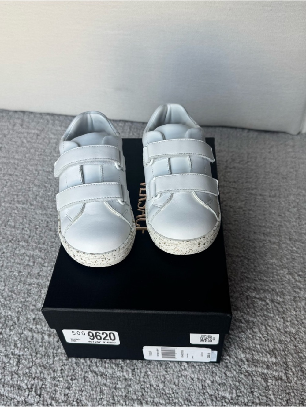 Versace baby/toddler White Leather Velcro Sneakers with Speckled Sole